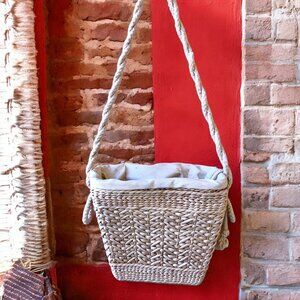 Vintage Hong Kong Straw Woven Shoulder Bag Rope Strap Drawstring Closure